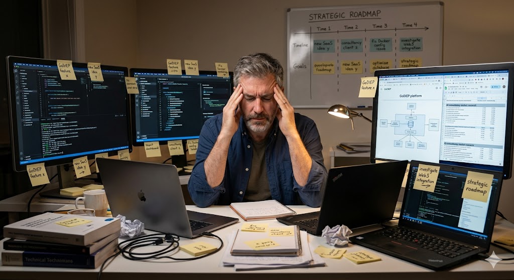Overweldigde IT-manager met handen tegen zijn slapen, omringd door meerdere monitors met code, gele plakbriefjes en een whiteboard vol roadmaps — een visualisatie van software-overload.